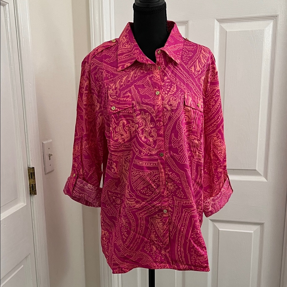 Jaclyn Smith Vibrant Pink and Orange Button-Down Shirt